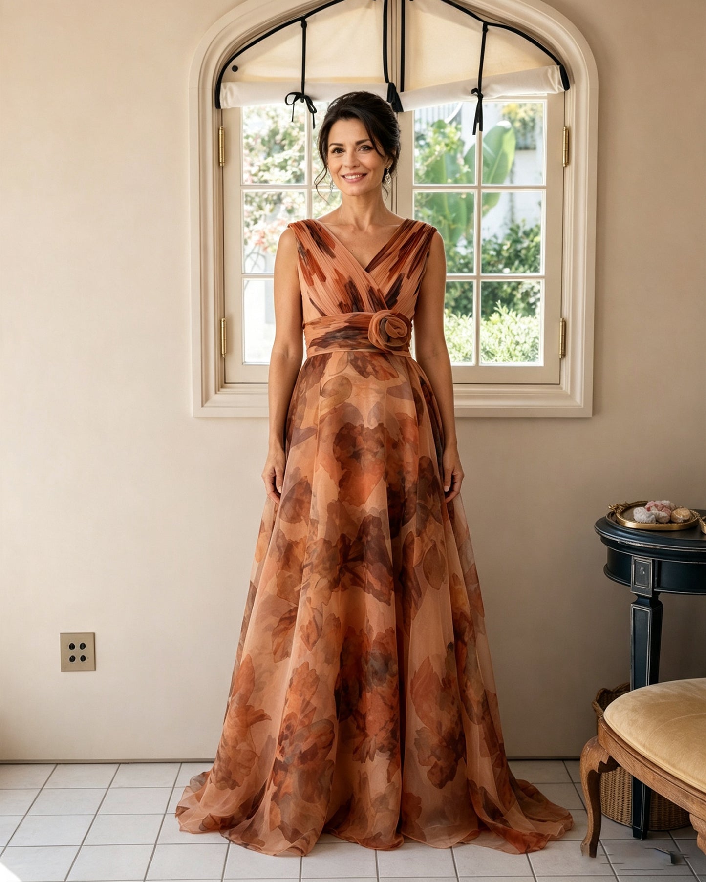 Floral Print V-Neck Chiffon Mother of the Bride Dress with Rosette Sash