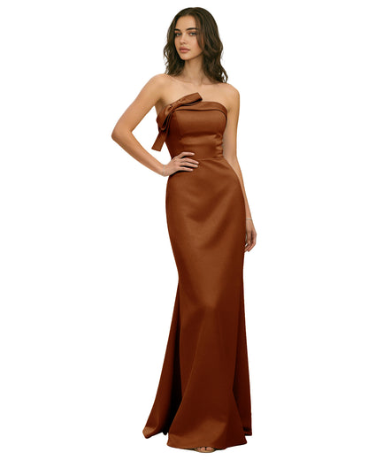 Strapless Satin Bridesmaid Dress with Draped Bodice and Side Slit