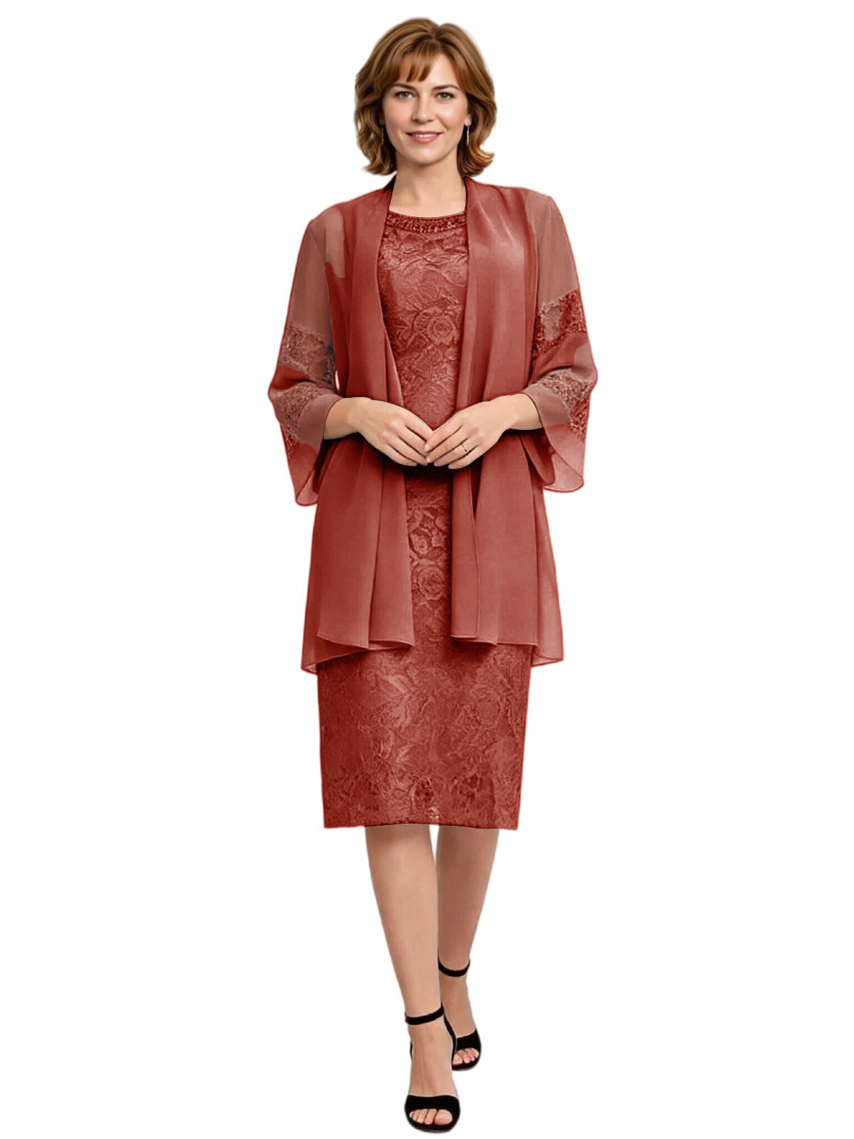 Mother of the Bride Dress with Jacket Knee Length Lace Formal Wedding Guest Outfit