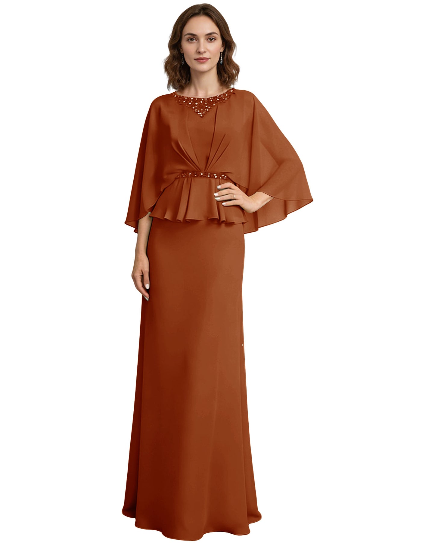 Capelet Mother of the Bride Dress Long Beaded Neck Peplum Chiffon Formal Gown