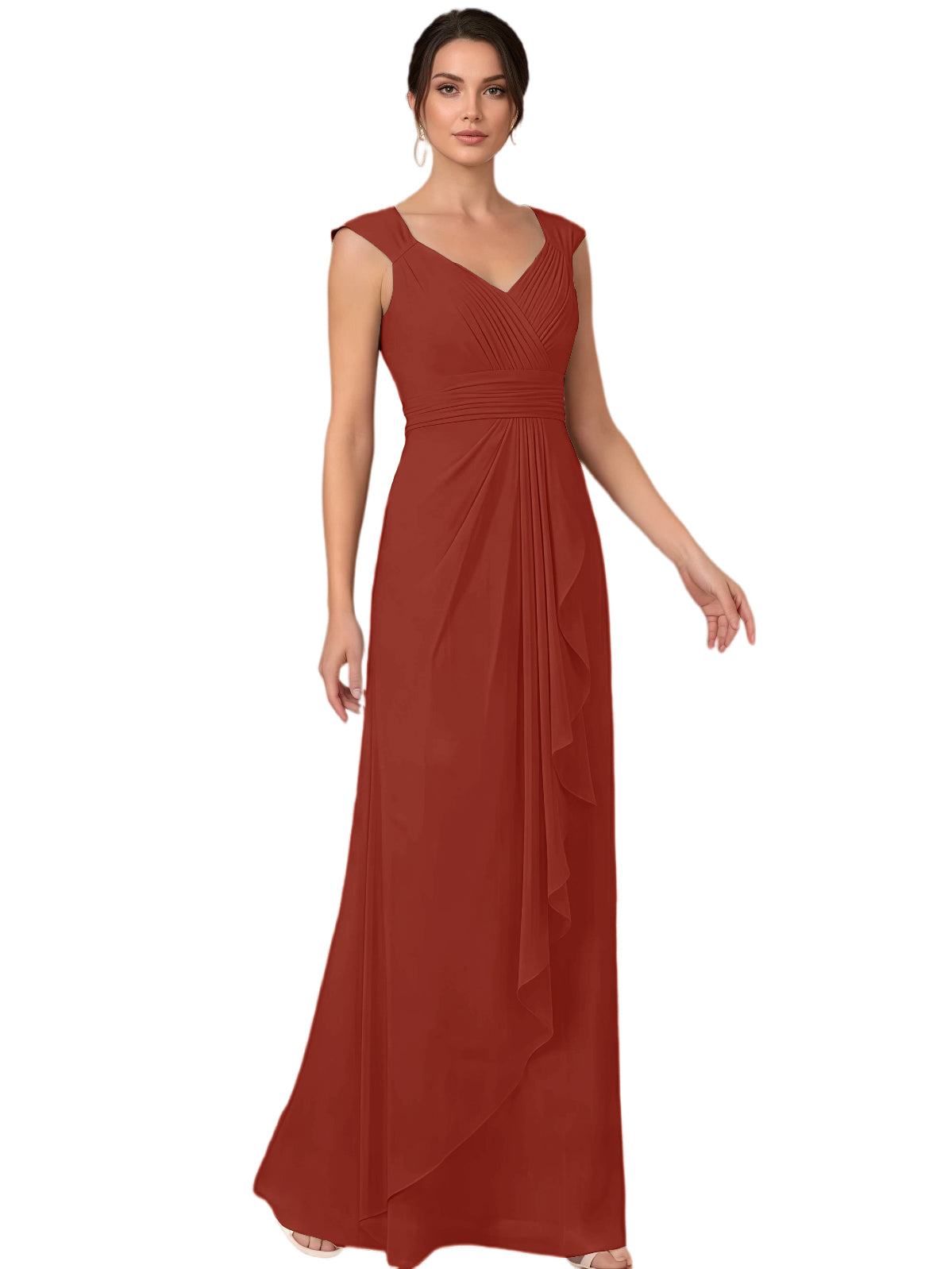 Mother of the Bride Dress Long Sleeveless V-Neck Chiffon Formal Gown with Ruffle Detail