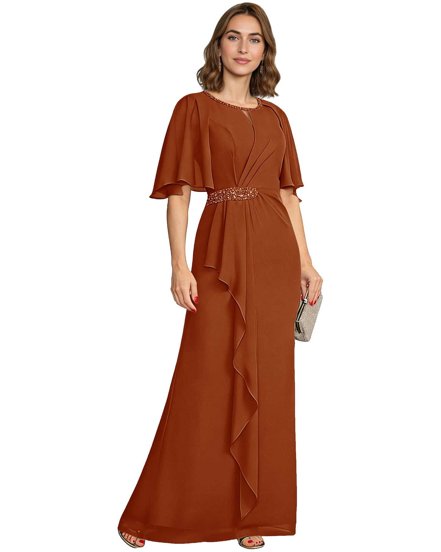 Long Mother of the Bride Dress Chiffon Flutter Sleeve Beaded Waist Formal A-Line Gown