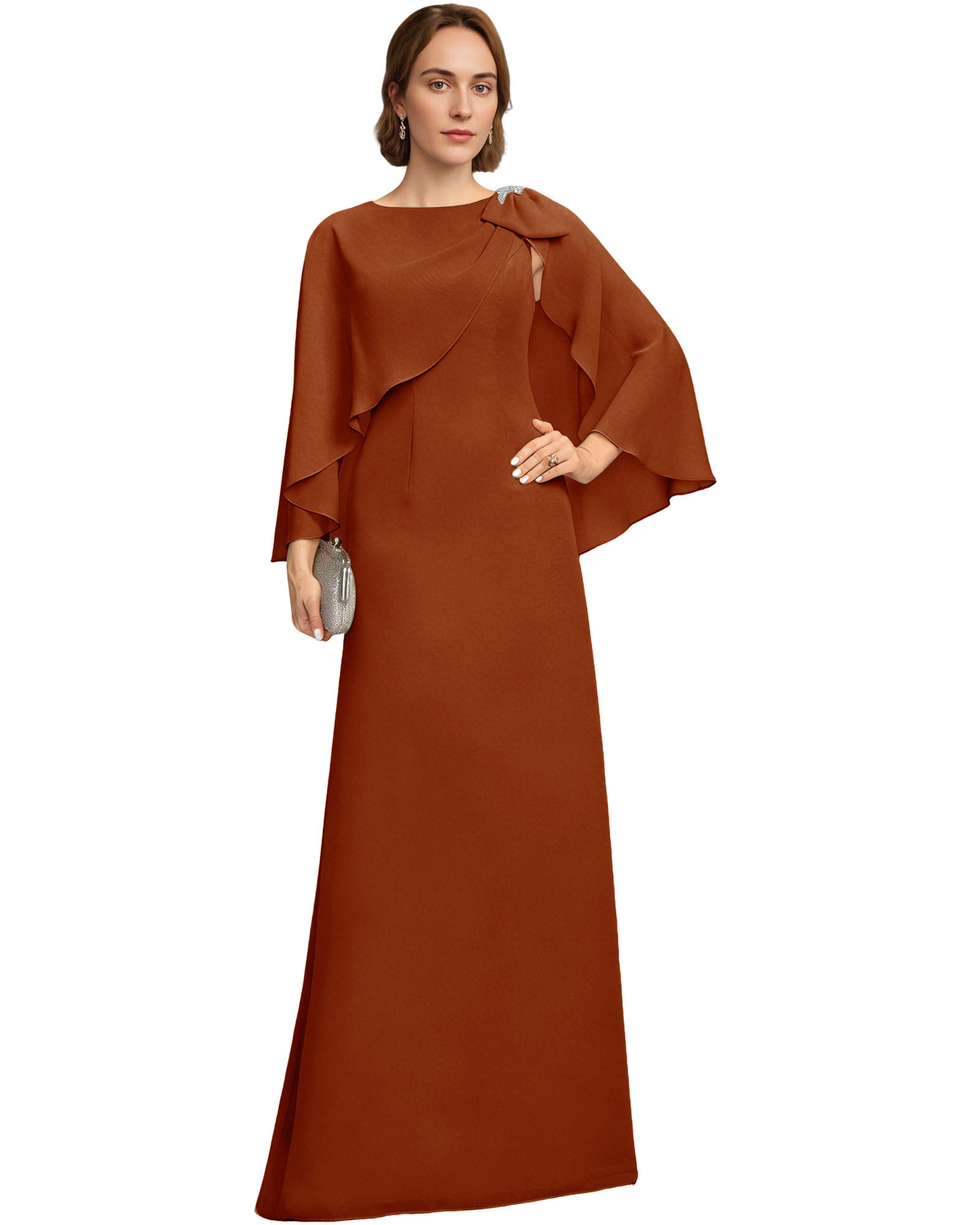 Long Cape Sleeve Mother of the Bride Dress Jewel Neck Chiffon Column Gown with Bow Detail
