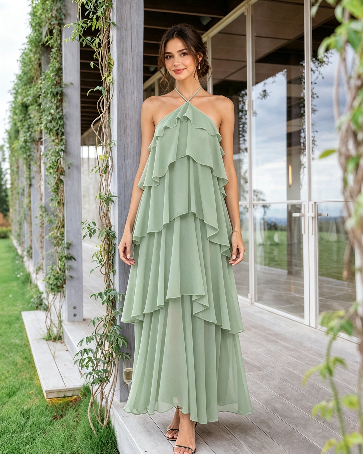 Halter Neck Tiered Chiffon Bridesmaid Dress with Ruffle Overlay