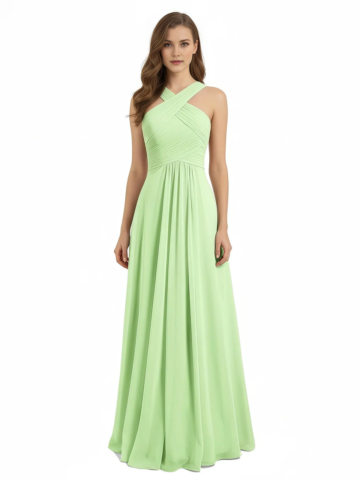 Pleated Halter Neck A-Line Maxi Chiffon Bridesmaid Dress for Estate Wedding