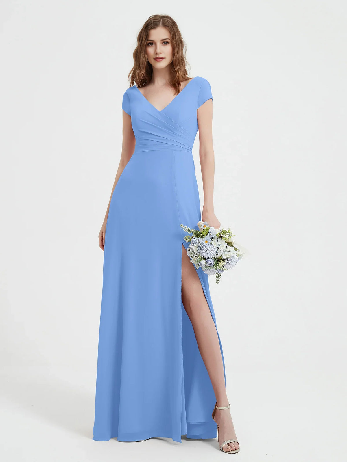 Ruched Side-Slit Slit V Neck A-Line Maxi Chiffon Bridesmaid Dress for Wedding Ceremony