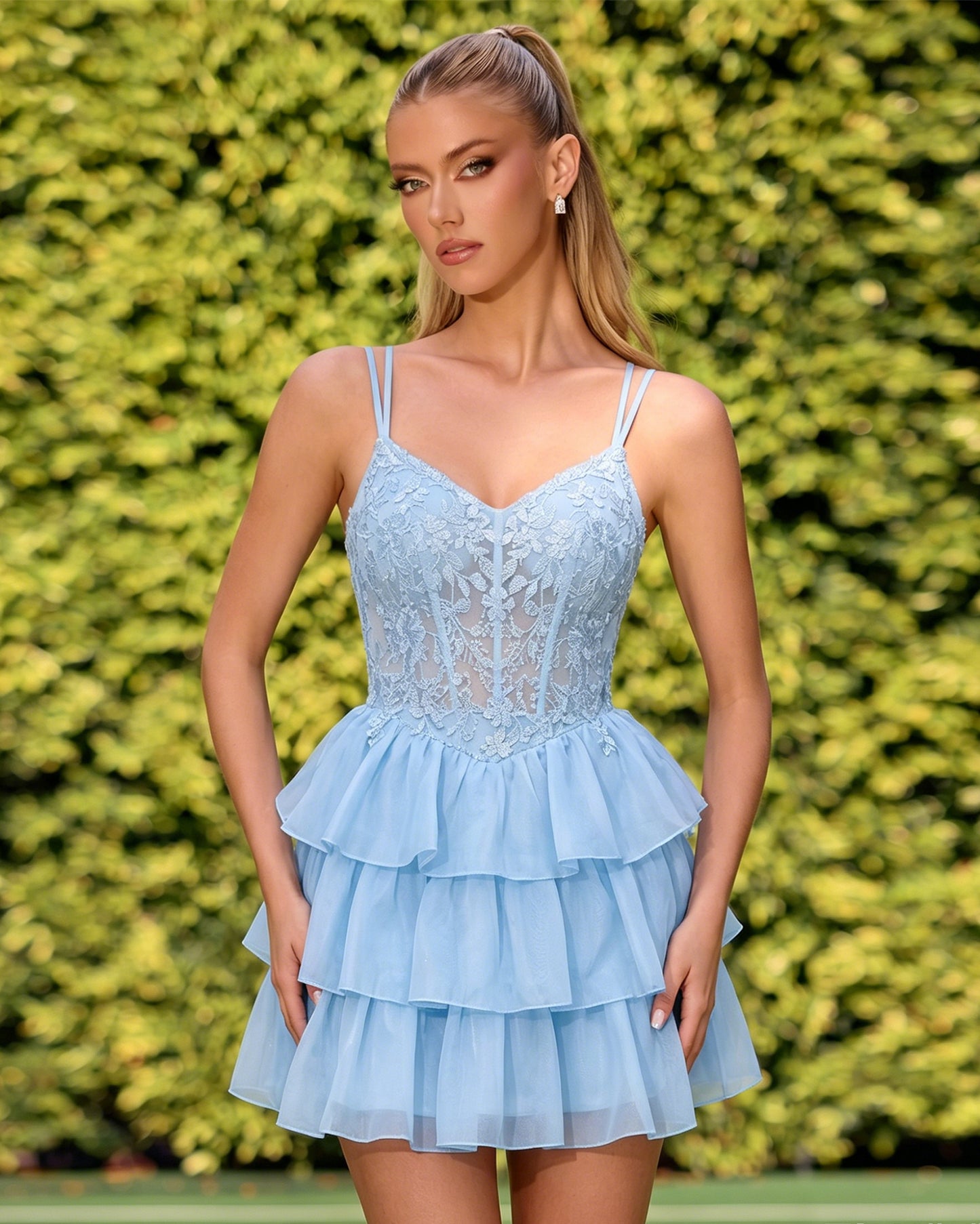 Double Strap Lace Corset Homecoming Dress with Tiered Tulle Skirt
