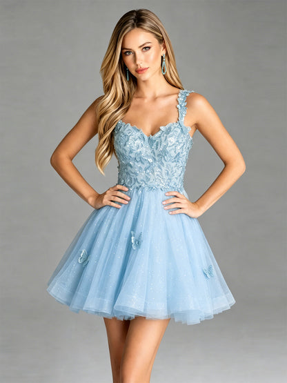 Floral Lace Strap Glitter Tulle Homecoming Dress