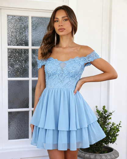Off Shoulder Lace A-Line Homecoming Dress with Tiered Skirt