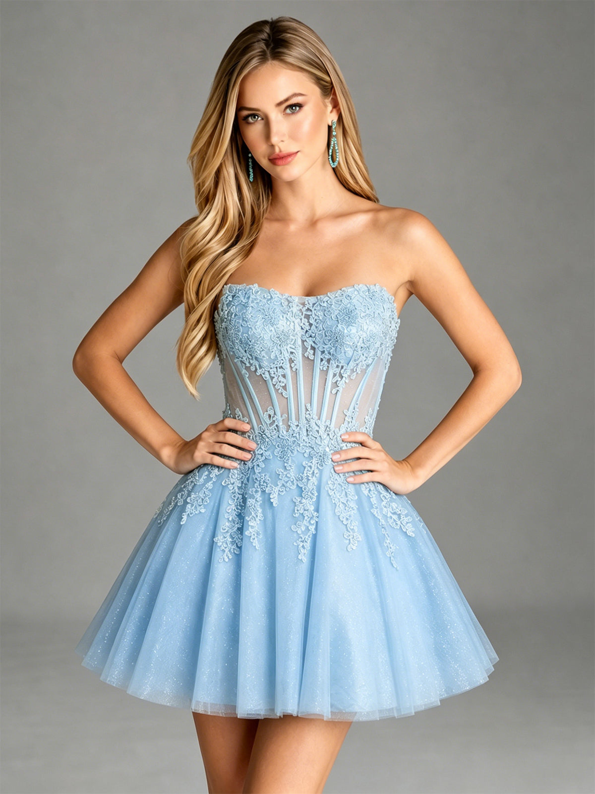 Strapless Lace Applique Glitter Tulle Homecoming Dress