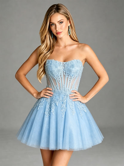 Strapless Lace Applique Glitter Tulle Homecoming Dress