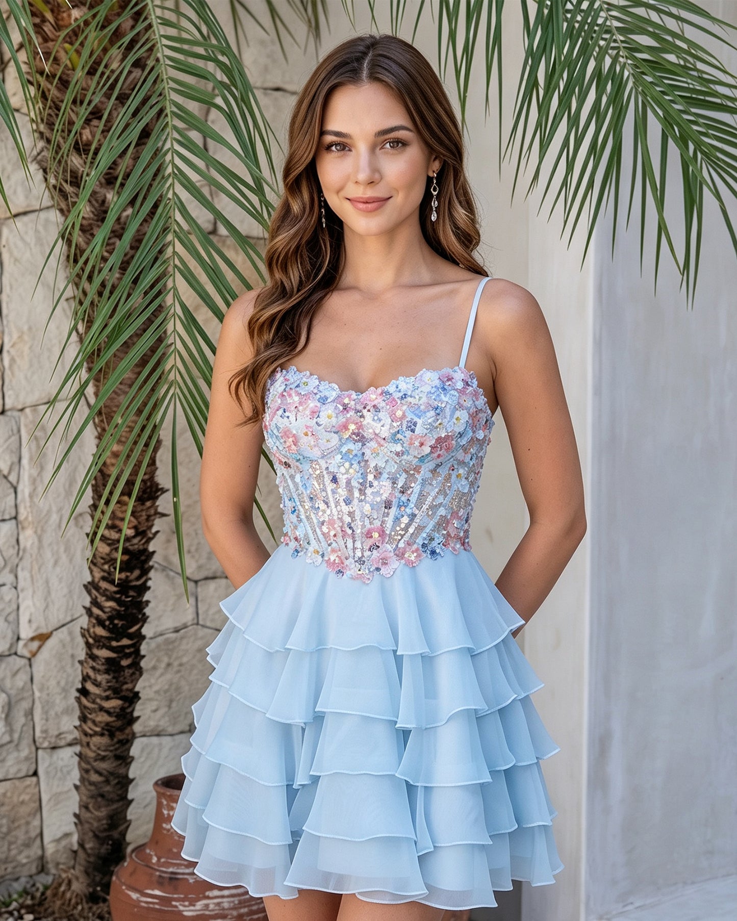 Spaghetti Strap Floral Embroidered Corset Ruffle Mini Homecoming Dress