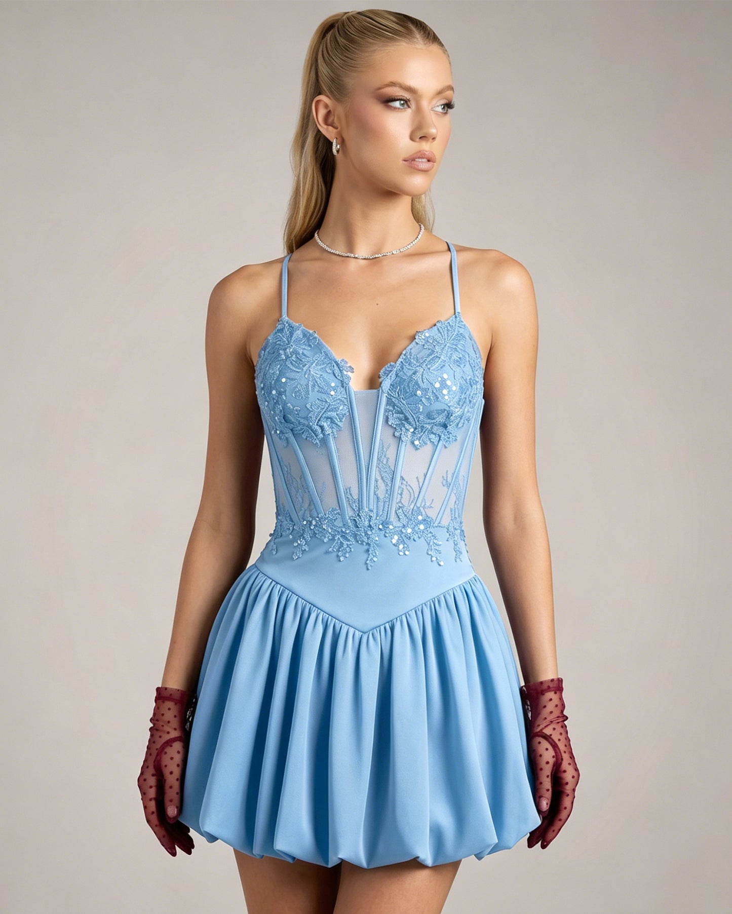 Spaghetti Strap Lace Corset Homecoming Dress with Flared Skirt