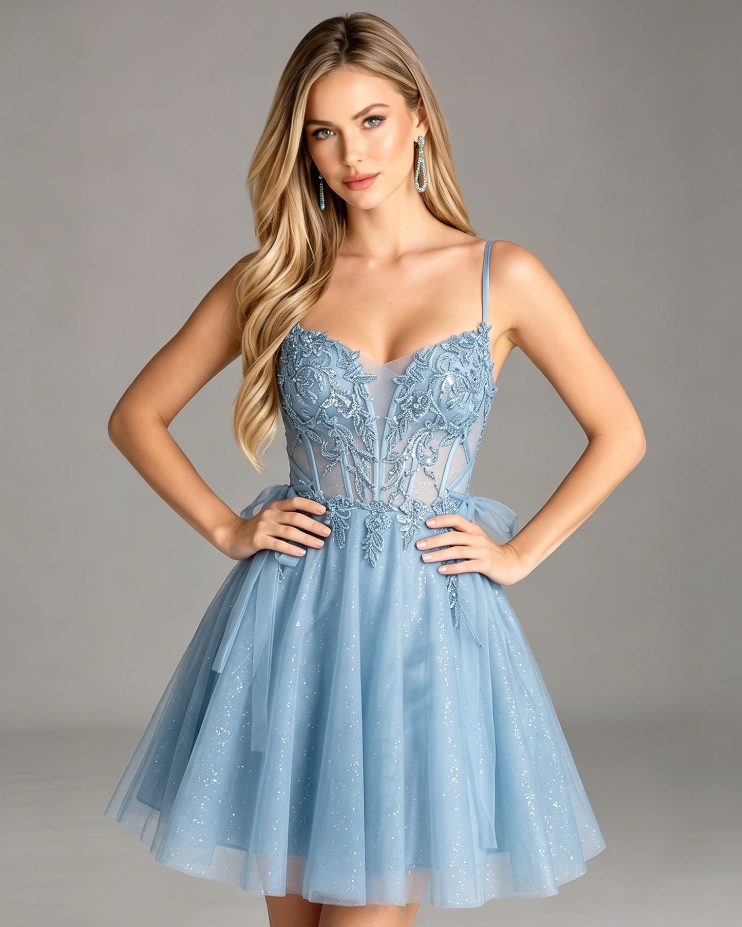Sheer Corset Lace Applique Glitter Tulle Homecoming Dress