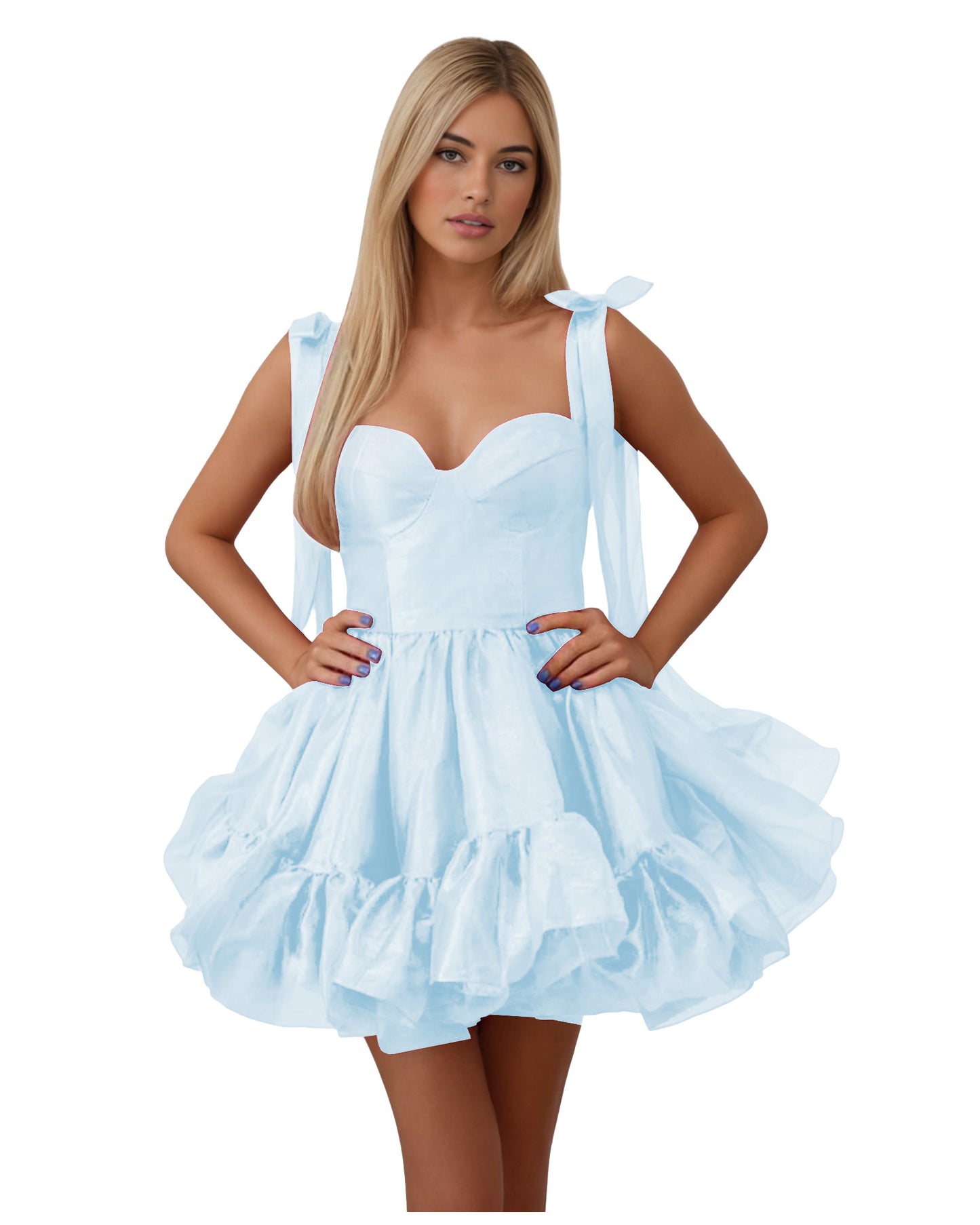 Bow Shoulder Satin Corset Ruffle Homecoming Dress