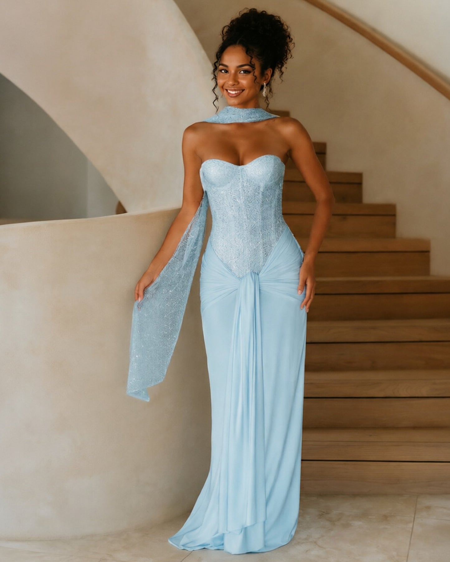 Strapless Sequin Corset Jersey Prom Dress with Draped Scarf Detail