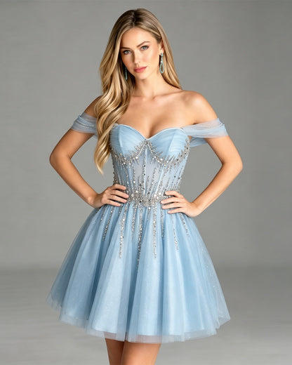 Off Shoulder Beaded Corset Tulle A-Line Homecoming Dress