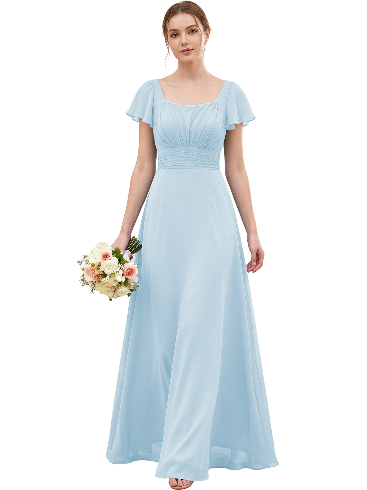 Square Neck Chiffon Bridesmaid Dress with Flutter Sleeves and Lace-Up Back