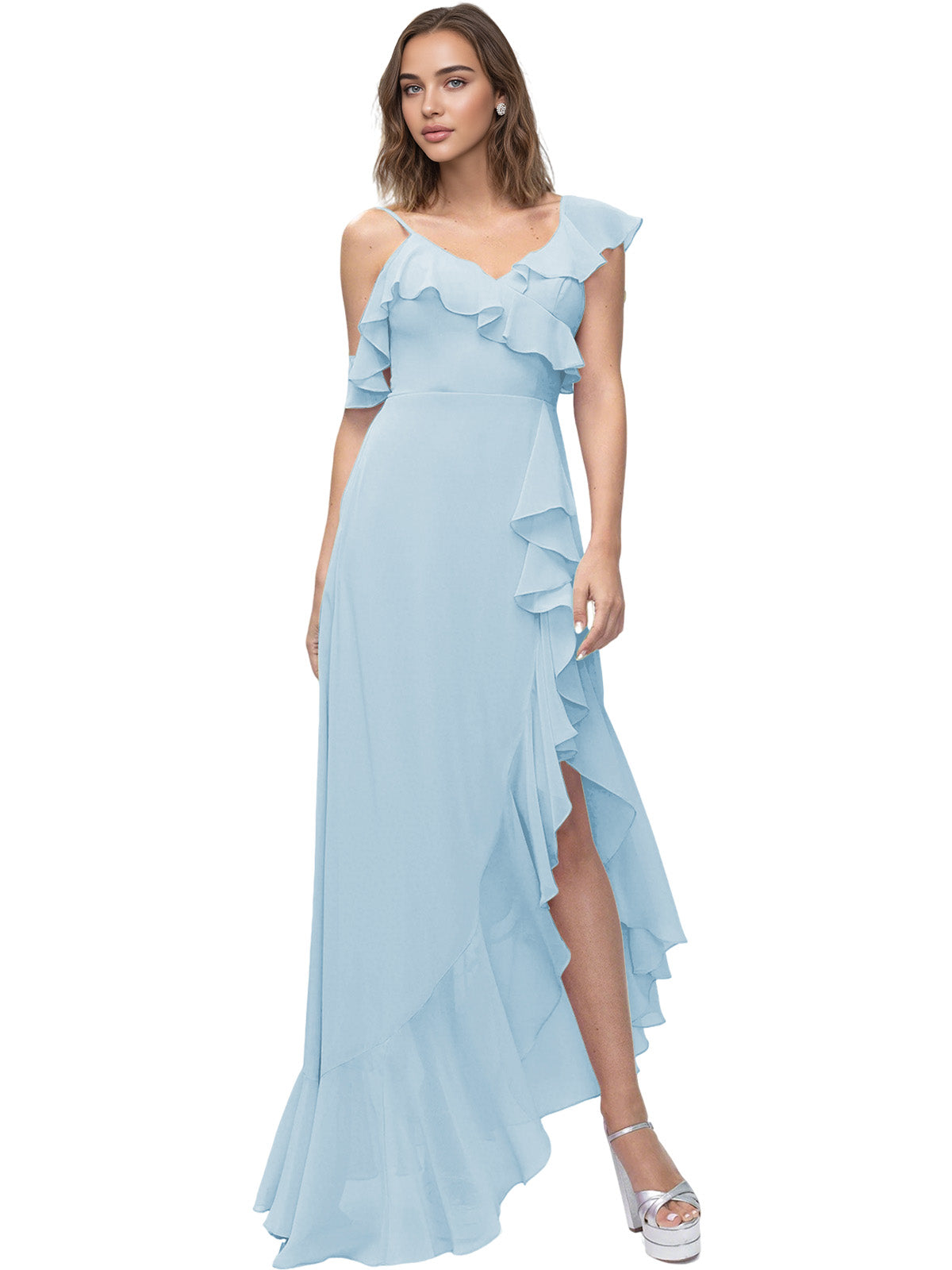 Asymmetrical Ruffle Chiffon Bridesmaid Dress with High Low Slit