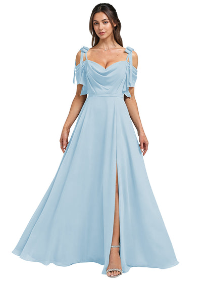 Cowl Neck Cold Shoulder Bridesmaid Dress with High Slit Chiffon Dress