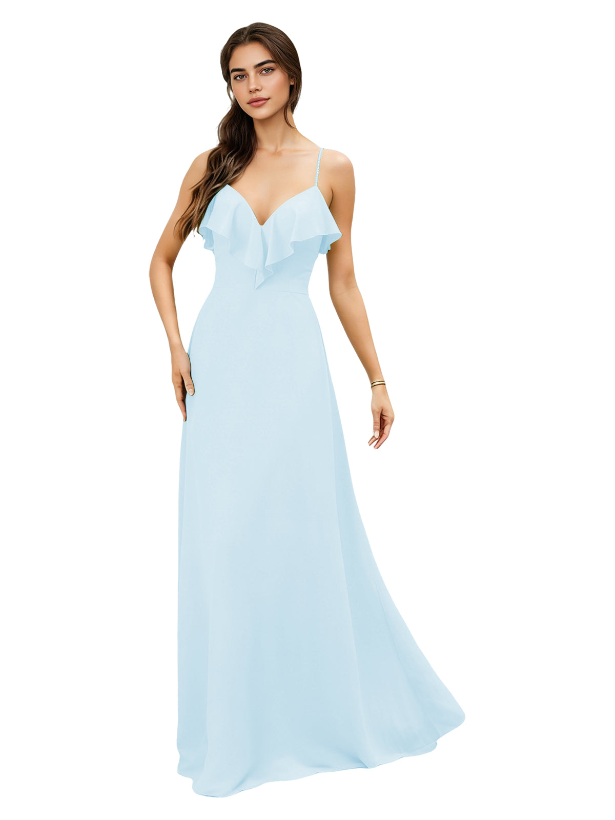 Ruffle V-Neck Chiffon Bridesmaid Dress with Spaghetti Straps