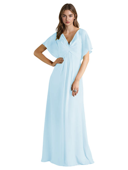 Short Sleeve V-Neck Chiffon Bridesmaid Dress with Gathered Waist