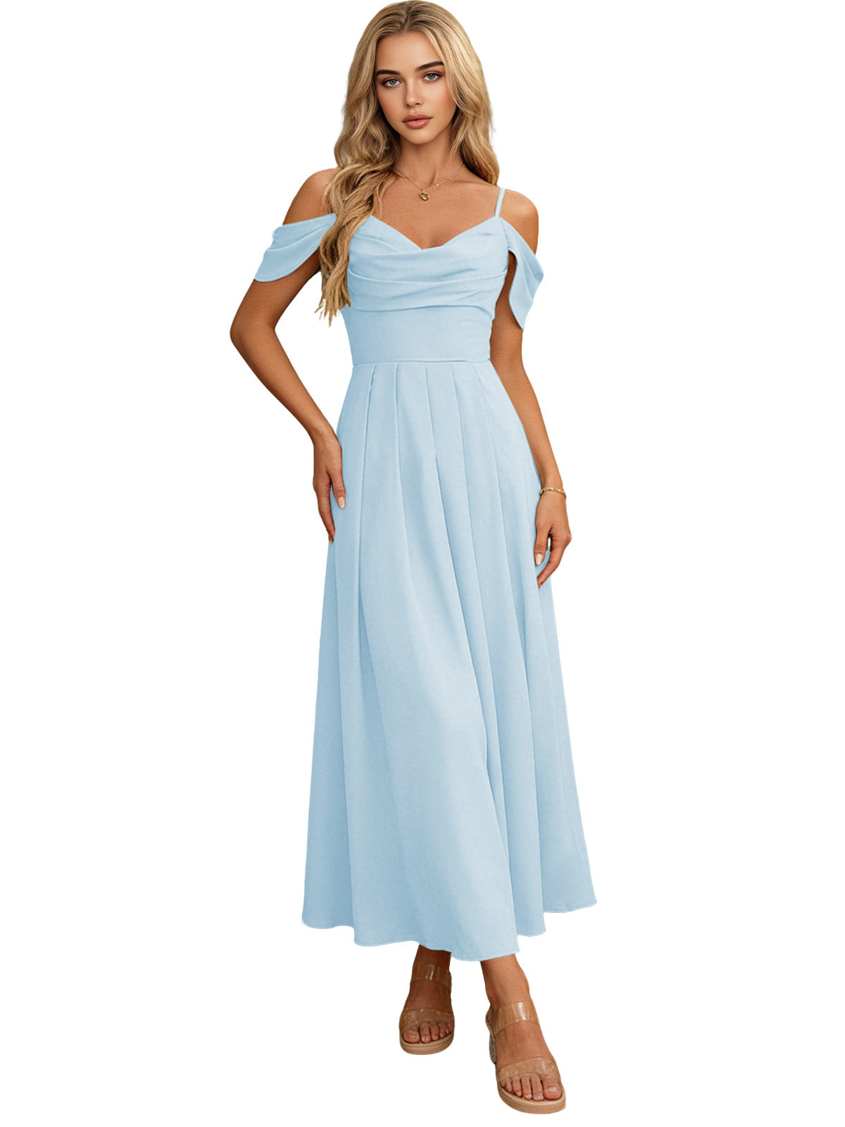 Off Shoulder Midi Bridesmaid Dress with Pleated Bodice and Flowing dress
