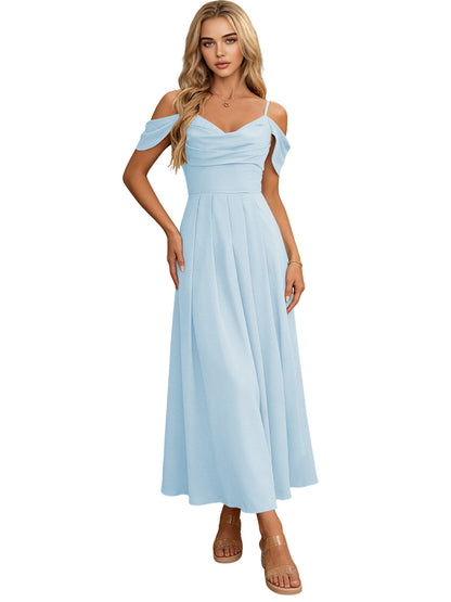 Off Shoulder Midi Bridesmaid Dress with Pleated Bodice and Flowing dress