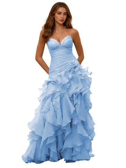 Strapless Organza Ruffle Ball Gown Prom Dress with Draped Corset Bodice