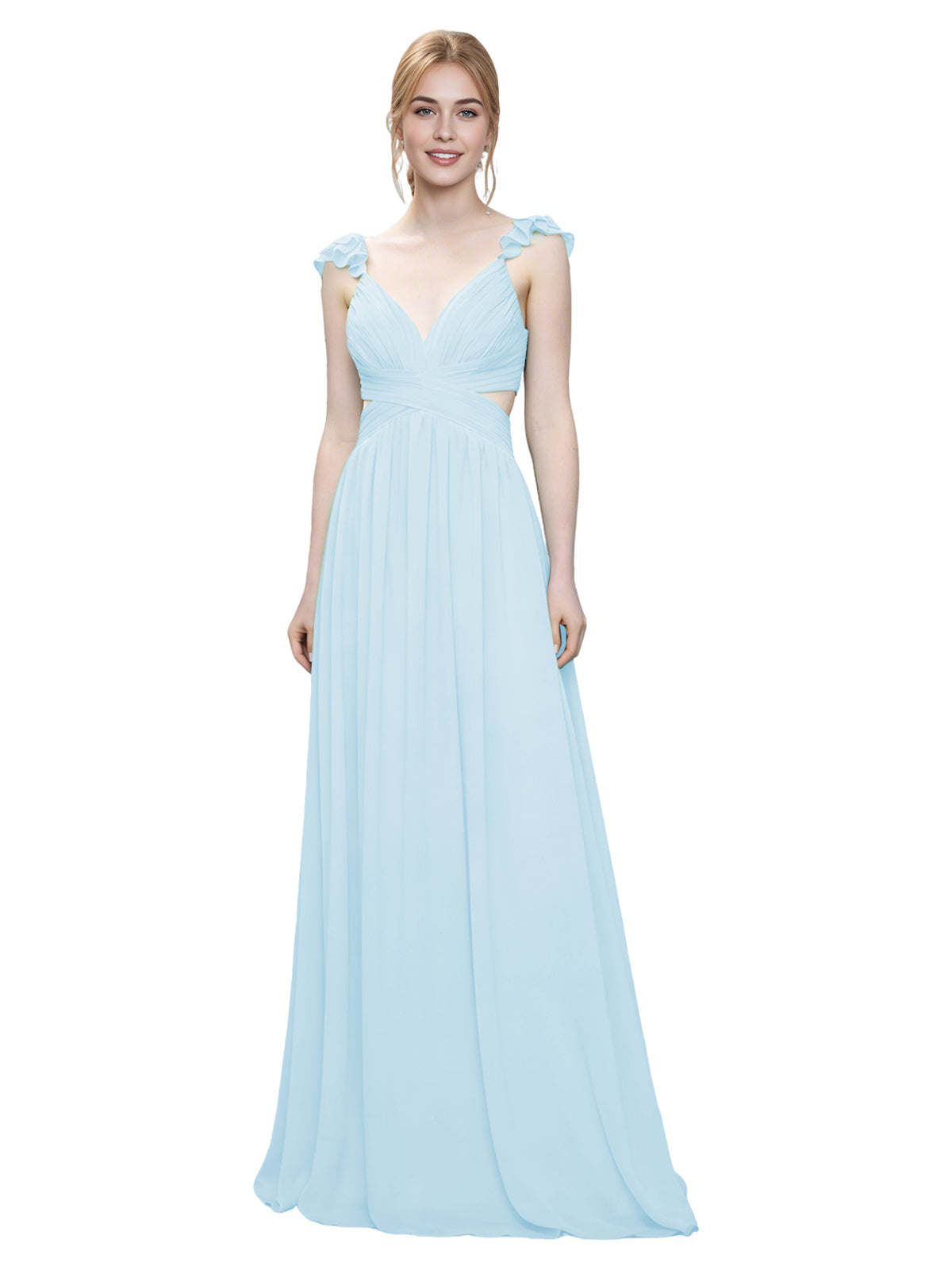 Ruffle Strap V-Neck Tulle Bridesmaid Dress with Pleated Waist