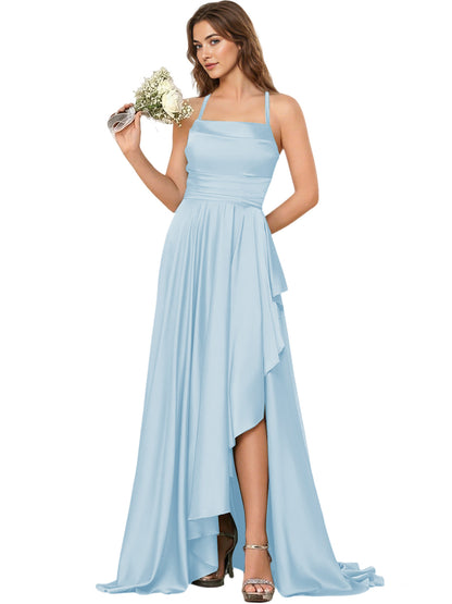 Open Back Halter Bridesmaid Dress with High Low Overlay dress