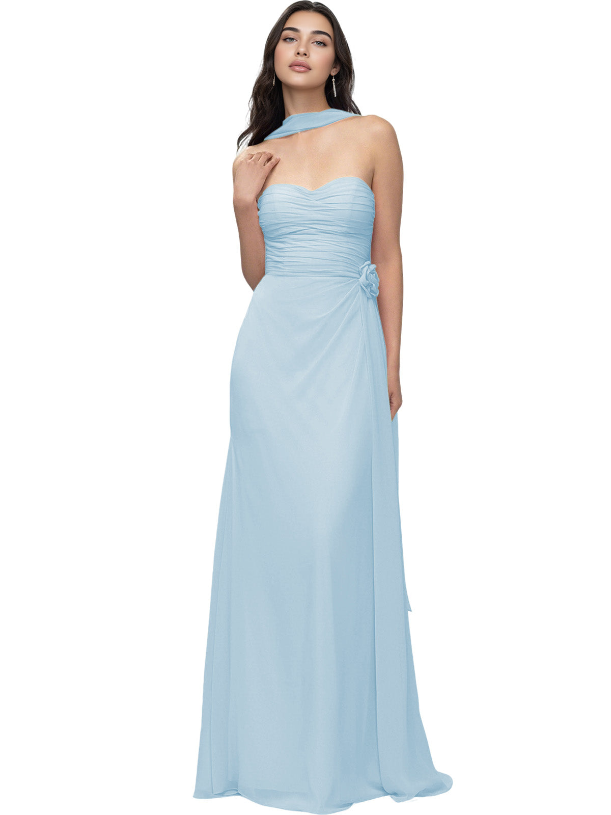Strapless Chiffon Bridesmaid Dress with Wrapped Bodice and Slit Dress