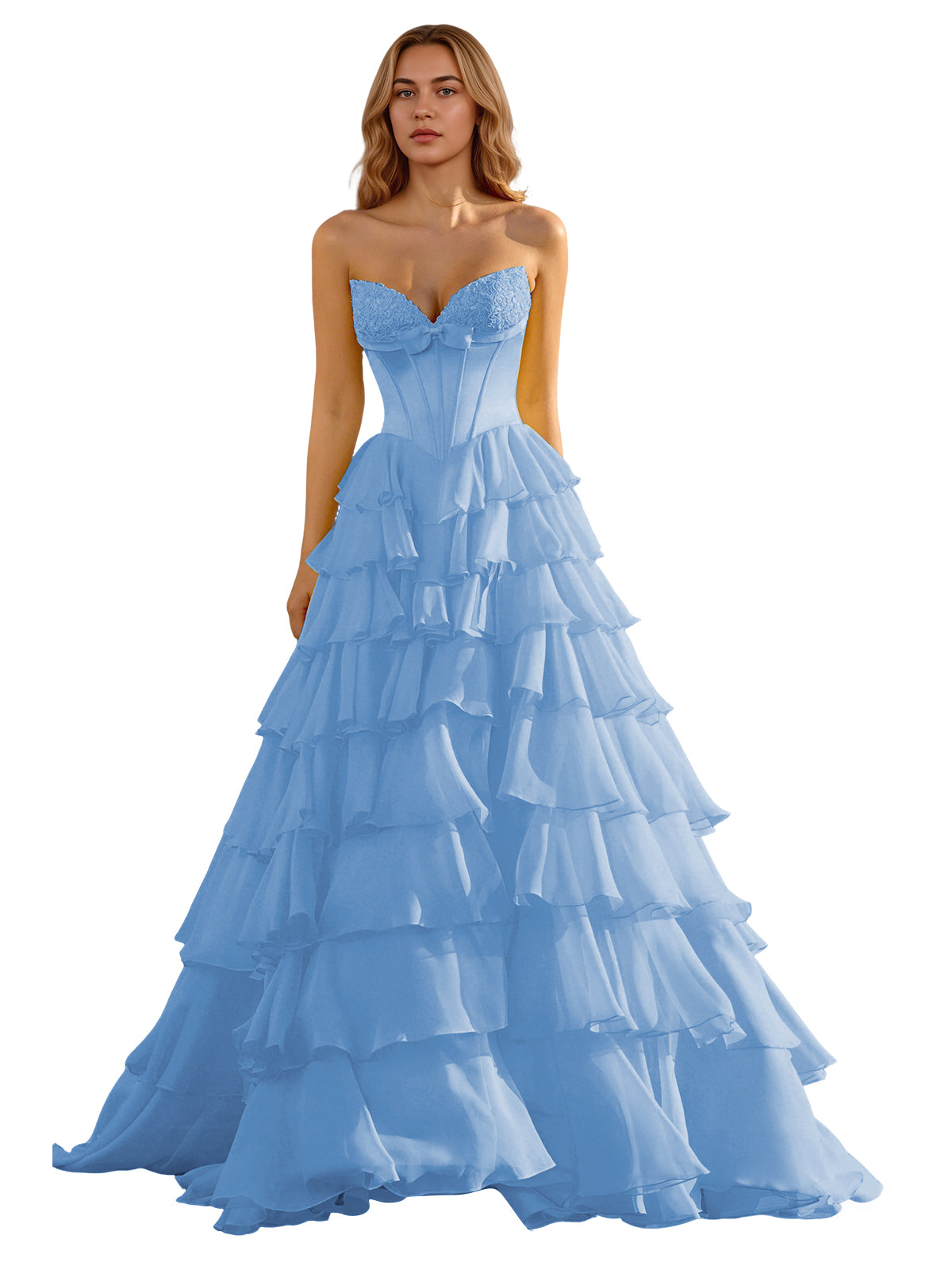 Strapless Tiered Organza Ball Gown Prom Dress with Corset Top