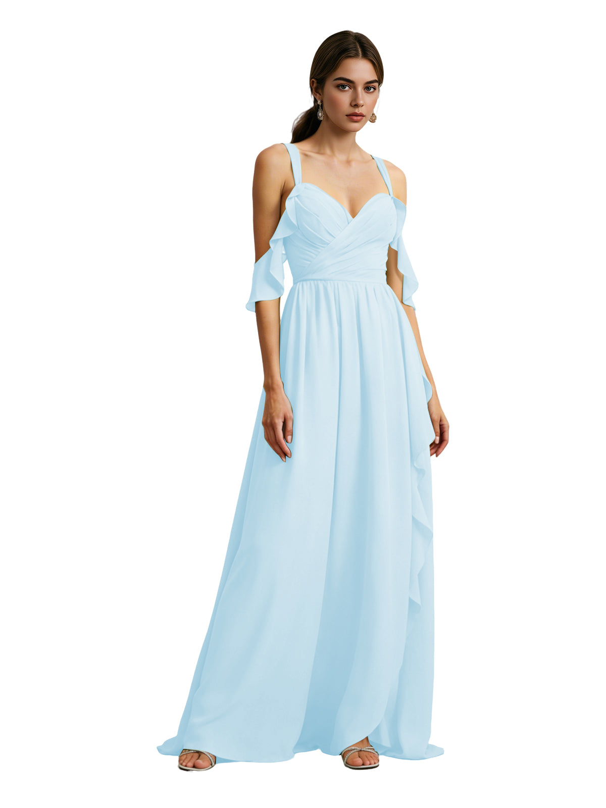 Cold Shoulder Chiffon Bridesmaid Dress with Draped V-Neck Bodice