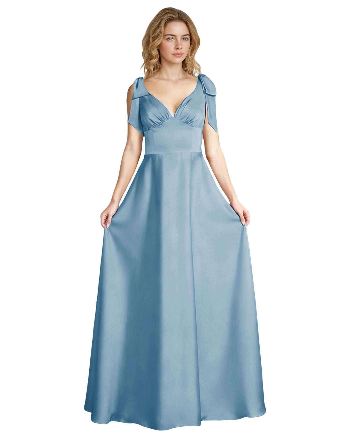 V-Neck Bow Strap Satin Bridesmaid Dress with Empire Waist