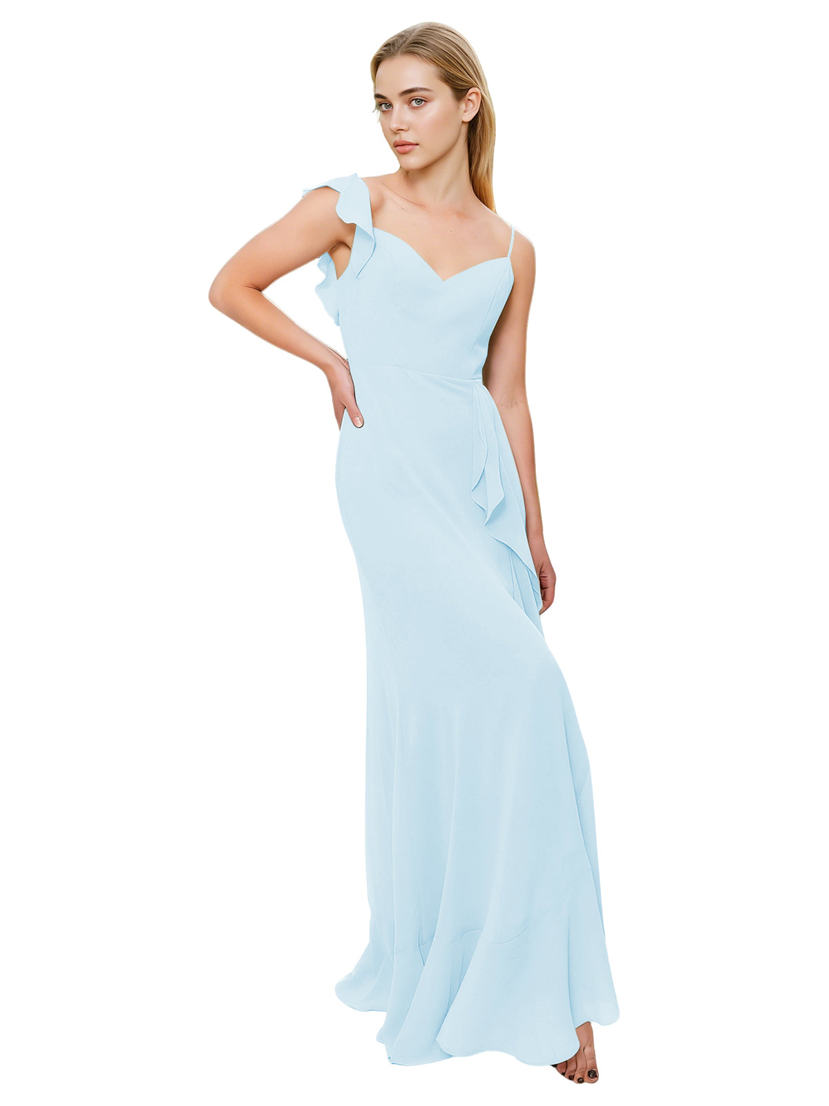 V-Neck Ruffle Strap Bridesmaid Dress with Cascading Chiffon Dress
