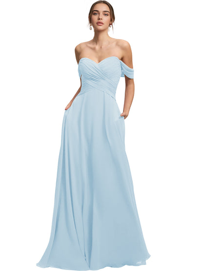 Off Shoulder Chiffon Bridesmaid Dress with Draped Bodice and A-Line Dress