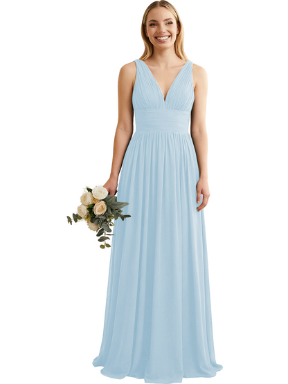 Deep V-Neck Chiffon Bridesmaid Dress with Pleated Waist