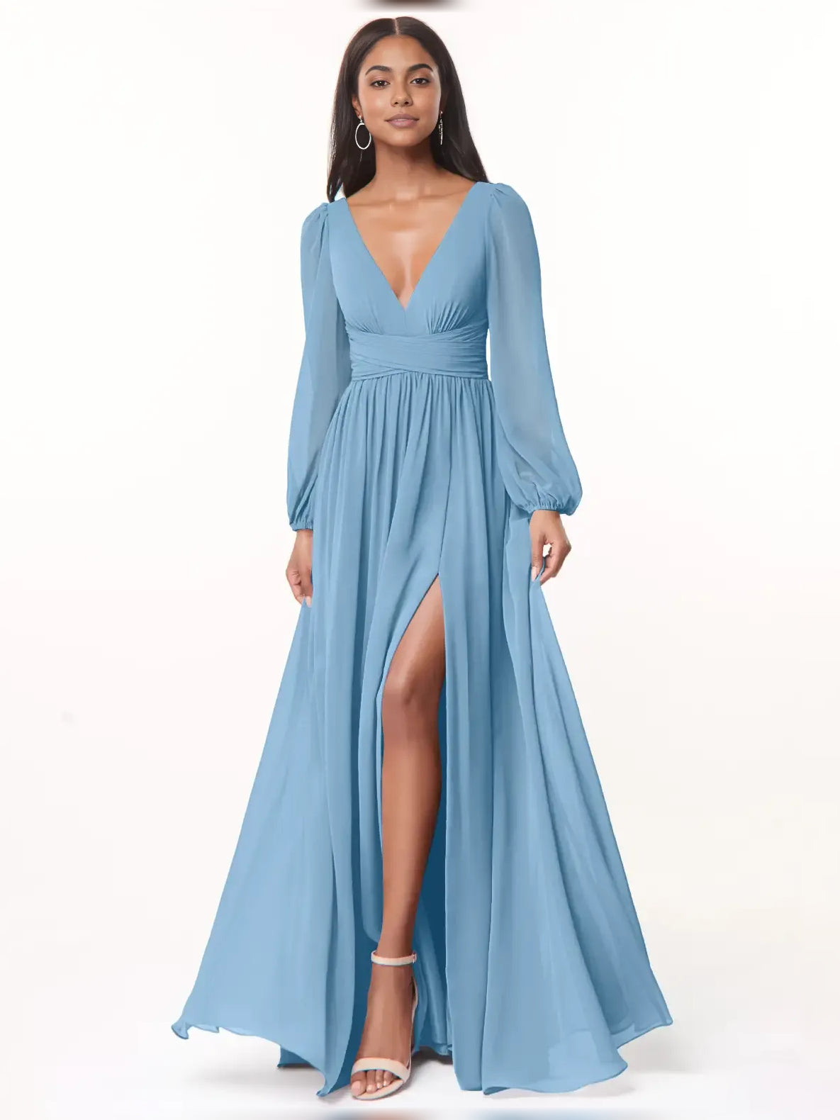 Slit Plunging Neckline A-Line Floor-Length Chiffon Bridesmaid Dress for Wedding Ceremony