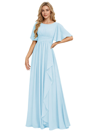 Flutter Sleeve Chiffon Bridesmaid Dress with Tiered Front Ruffle