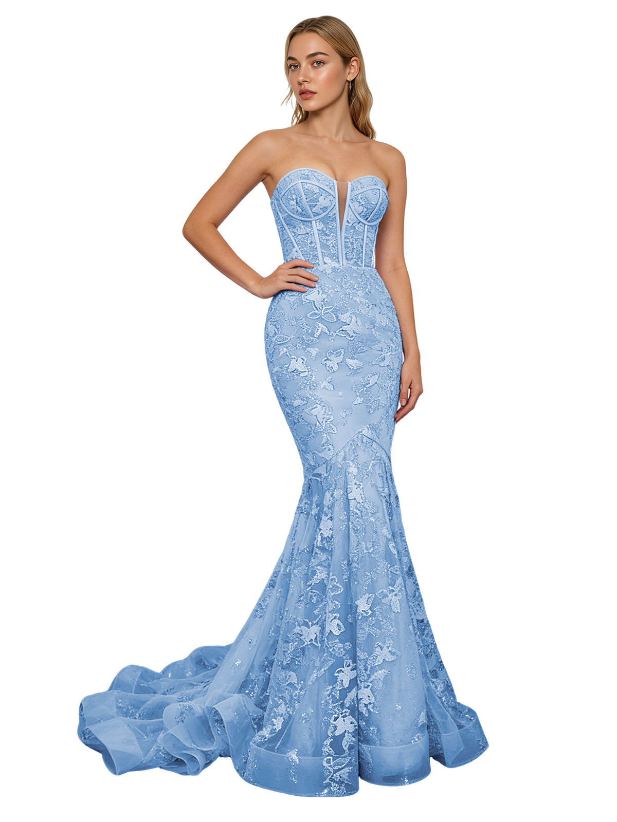 Strapless Lavender Lace Mermaid Prom Dress with Sheer Corset and Train