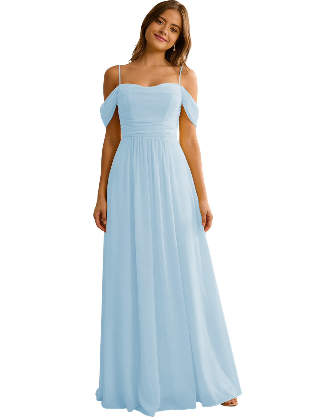 Off Shoulder Chiffon Bridesmaid Dress with Soft Pleated Bodice