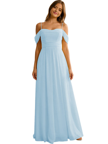 Off Shoulder Chiffon Bridesmaid Dress with Soft Pleated Bodice