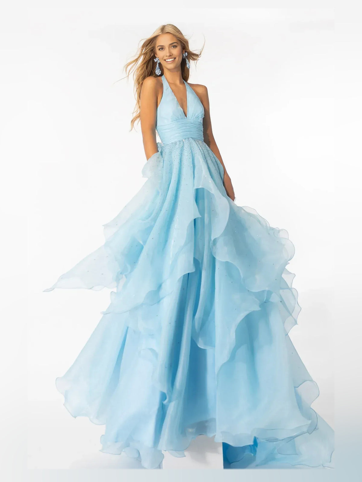 Light Blue Ruched Layered Ruffled V Neck A-Line Floor-Length Tulle Prom Dress for Red Carpet Event