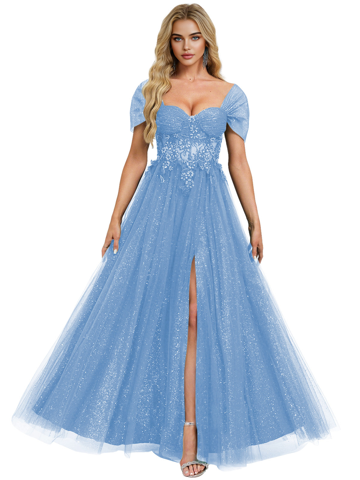 Short Sleeve Glitter Tulle Prom Dress with Illusion Bodice and Slit