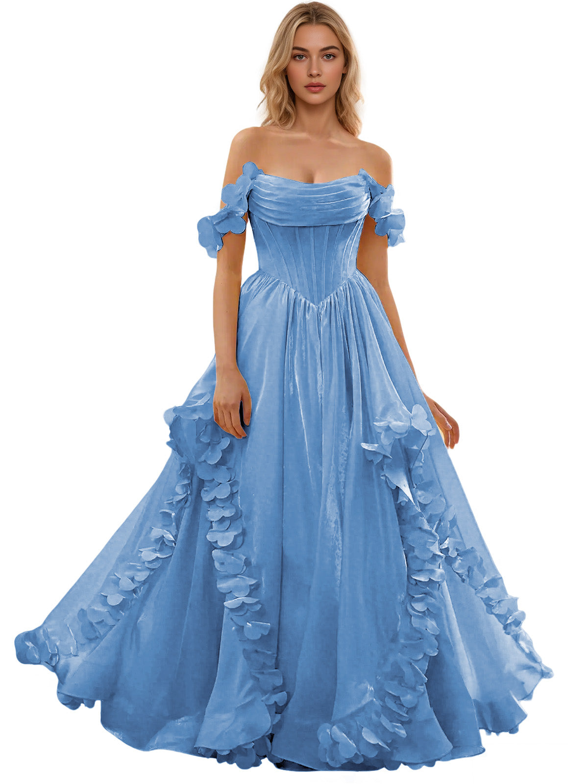 Off Shoulder Ruffle Tulle Ball Gown Prom Dress with Floral Applique