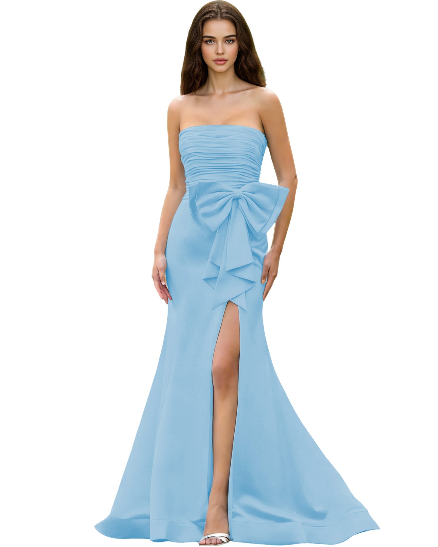 Strapless Bow Detail Satin Prom Dress with Ruched Bodice and Slit