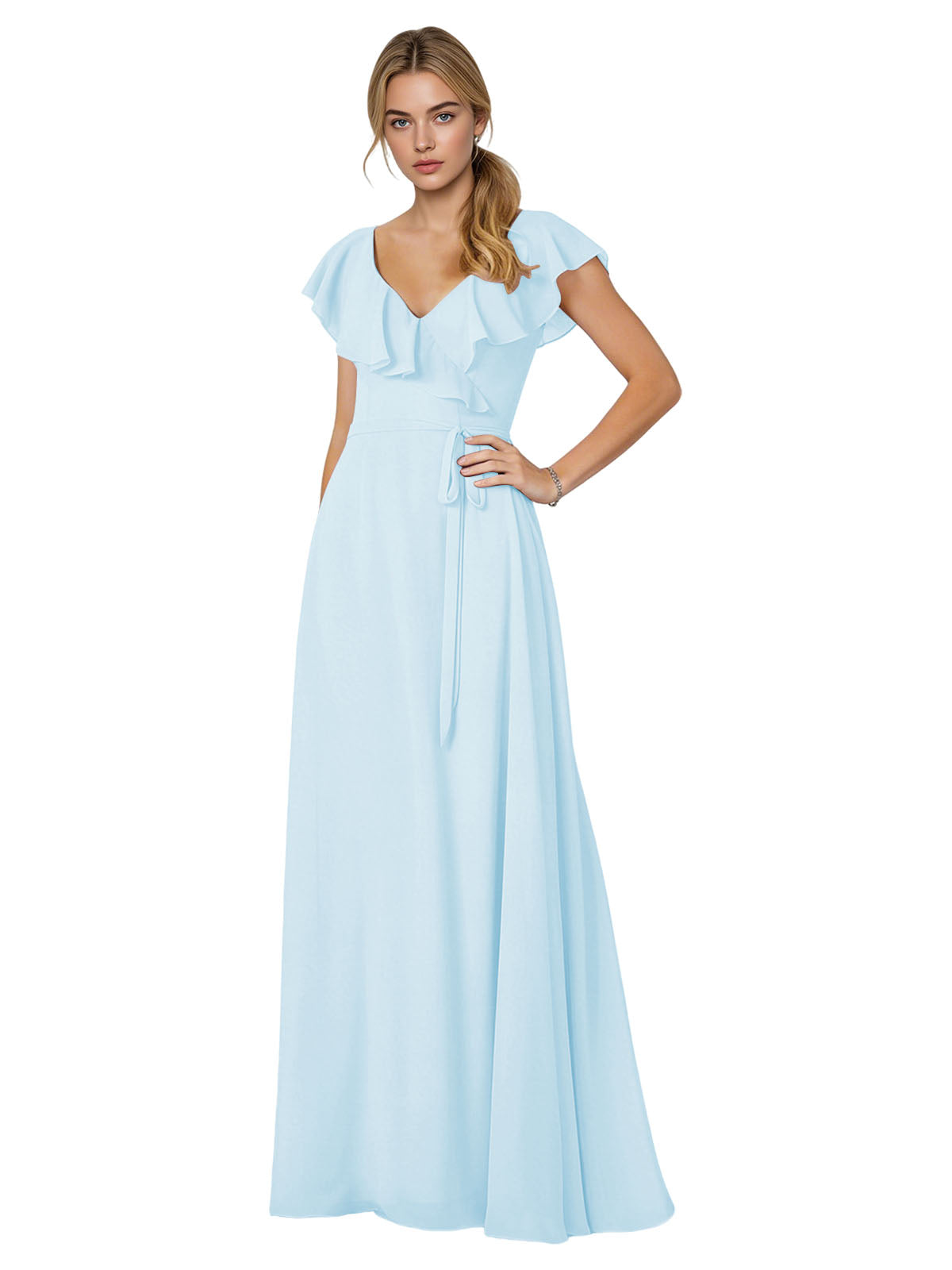 Tie Neck Chiffon Bridesmaid Dress with Flutter Sleeves