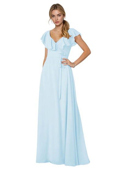 Tie Neck Chiffon Bridesmaid Dress with Flutter Sleeves