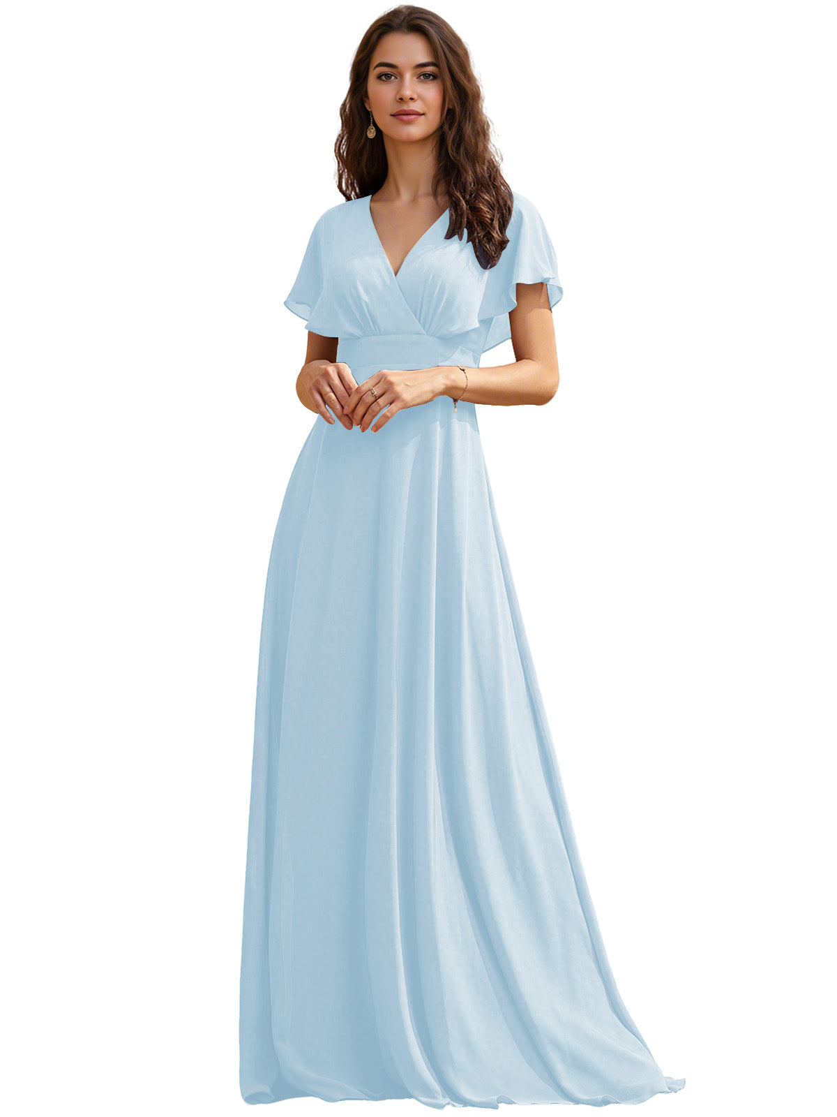 Flutter Sleeve V-Neck Chiffon Bridesmaid Dress with Flowing dress